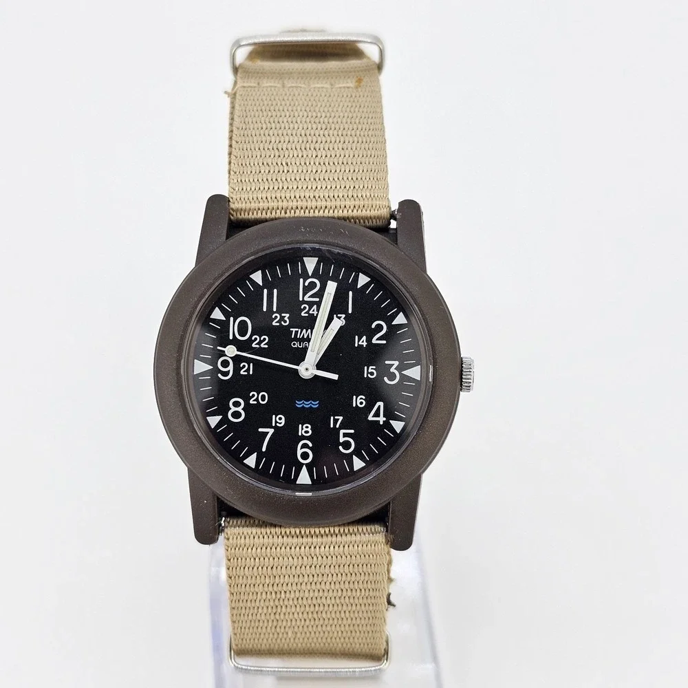 2011 Timex Camper Men Field Watch 34MM Black Dial New Tan Canvas Band NewBattery